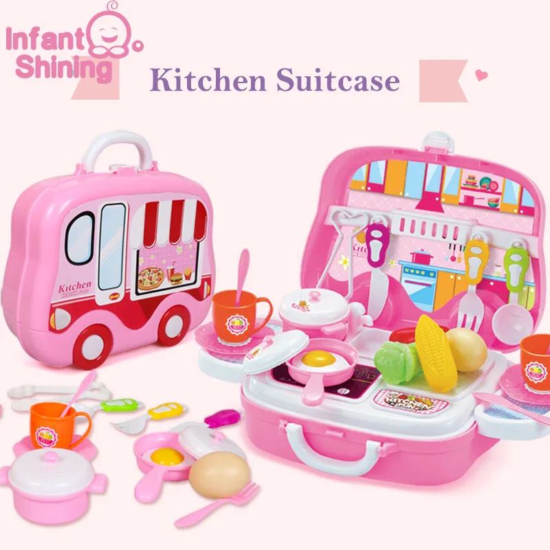 Infant Shining Kitchen Toys Suitcase Pretend Play Children Family Imitation Toys and Hand-held Suitcases suit for 3-6Y Gift