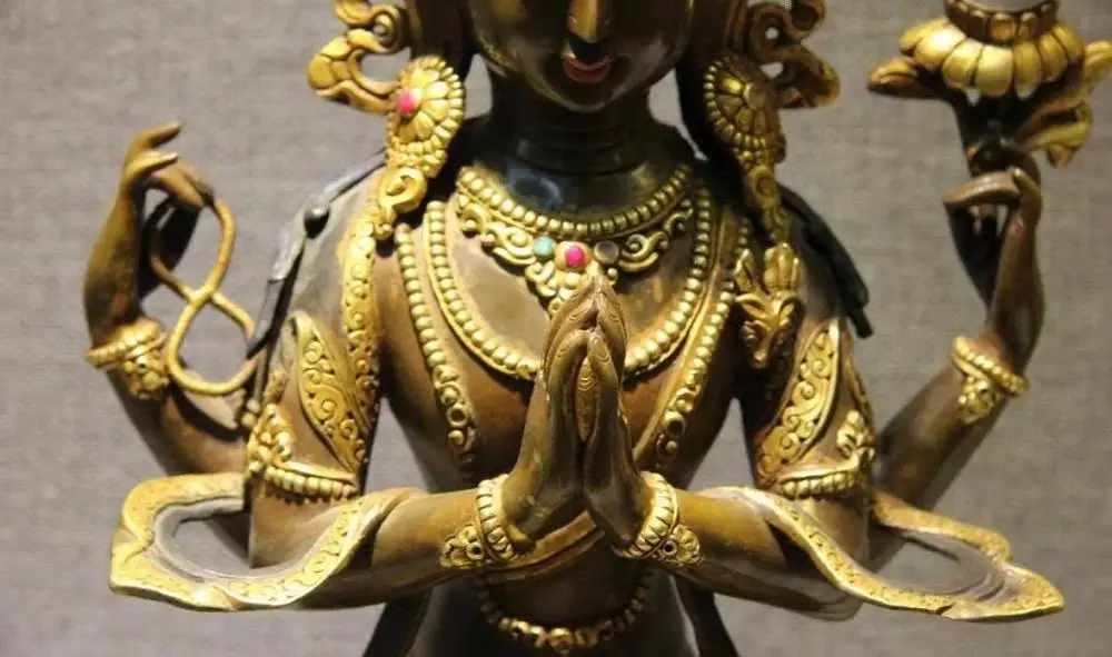 14 тибетская медная бронза 24K Золотая крышка четырехъядерный Avalokitesvara Guan Yin Buddha
