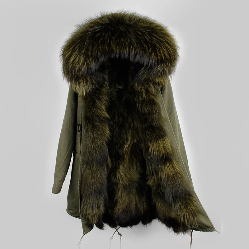 green green fur Новинка, Женская парка из натурального меха енота, длинное пальто с капюшоном, черная камуфляжная Толстая теплая меховая куртка, два в одном, съемная подкладка - Цвет: green green fur