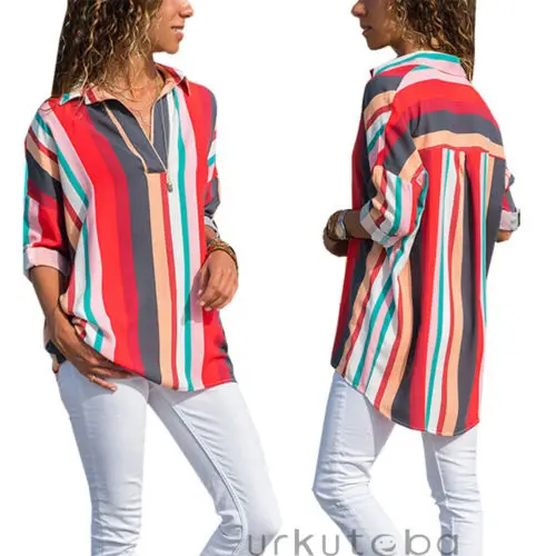 

Модные женские повседневные рубашки в полоску в стиле бохо с V-образным вырезом и длинным рукавом рубашка на пуговицах