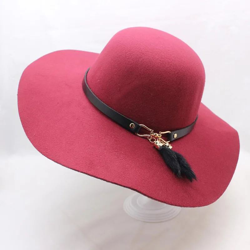 BINGYUANHAOXUAN Chapeau,, повседневная фетровая Кепка с широкими полями, шляпы с куполом, высокое качество, шерстяная широкополая шляпа, женская черная шляпа - Цвет: red wine
