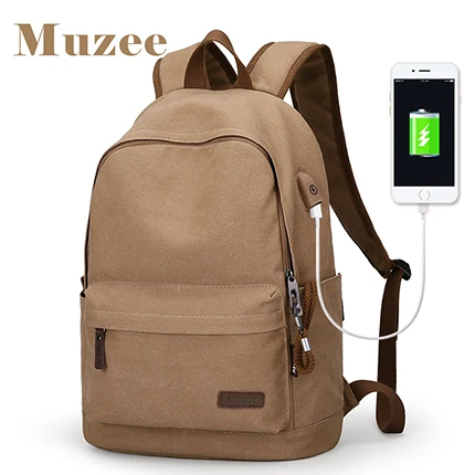 Khaki USB Muzee холщовый рюкзак, Противоугонный школьный рюкзак для студентов колледжа, рюкзак с usb зарядкой, дизайнерские сумки для подростков, рюкзак для путешествий - Цвет: Khaki USB
