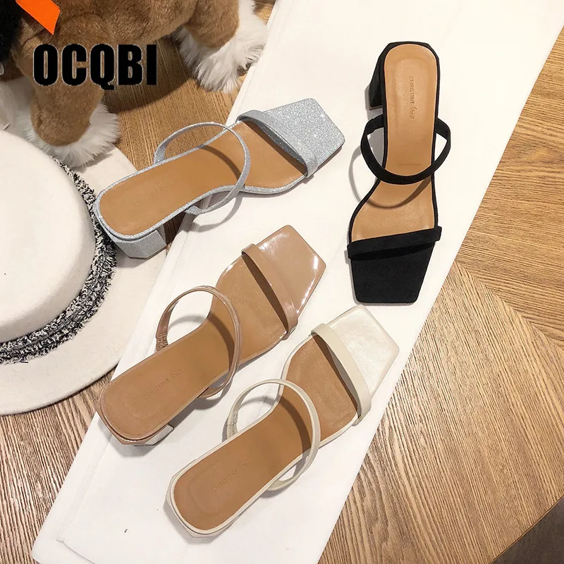 Женские шлепанцы без застежки на толстом квадратном каблуке удобные летние женские босоножки для прогулок Тонкие тапочки для ремня, большие размеры 35, 36, 41, 42, 43