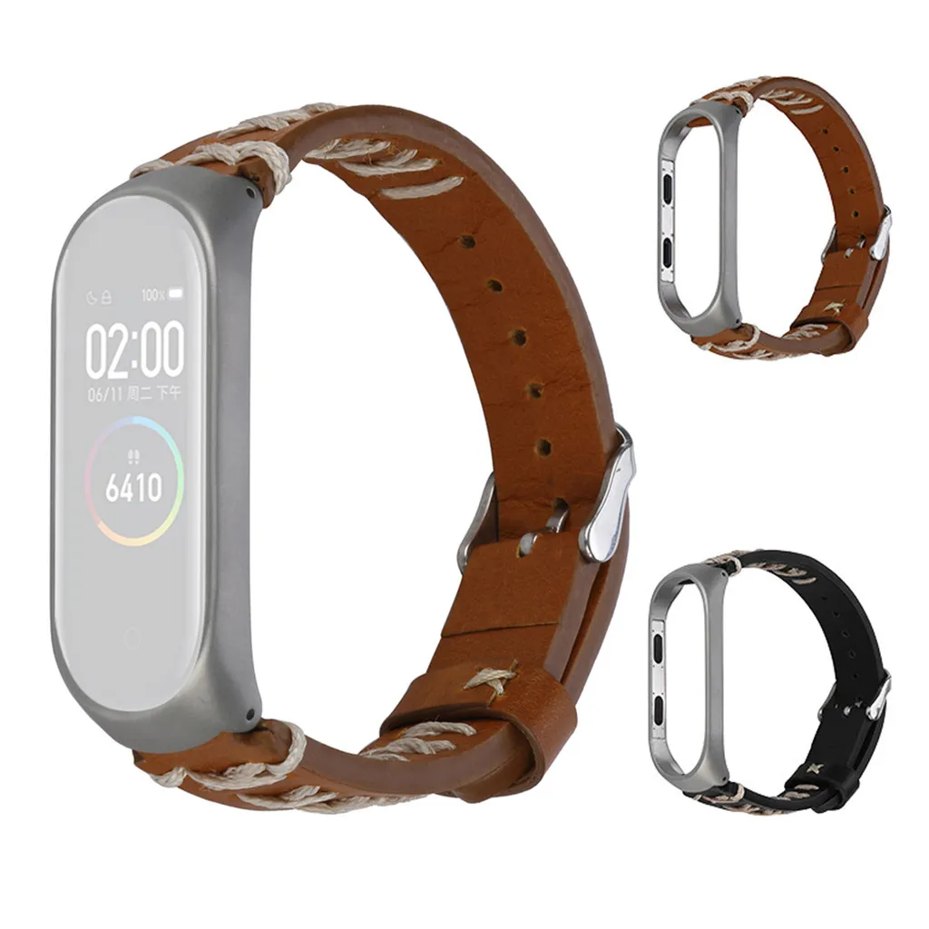 Ремешок кожаный для Xiaomi Mi Band 4 сменный металлический браслет C0703|Смарт-аксессуары|