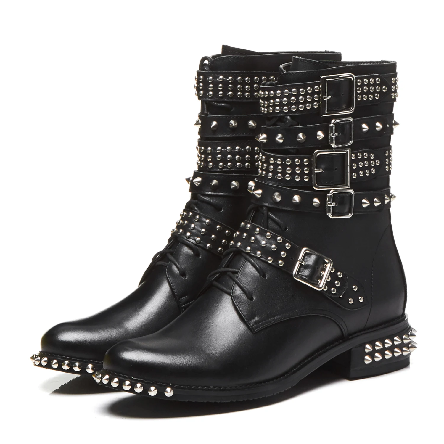 

2019 Newest Top Quality Big Buckle Strappy Spike Rivets Studs Women Short Boots Punk Cool Motorcycle Ankle Boots Shoes Woman