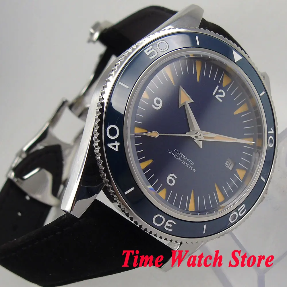 Corgeut 41mm Miyota 8215 5ATM Automatic men's watch leather strap Blue sterile dial Sapphire Glass ceramic bezel cor121 | Наручные