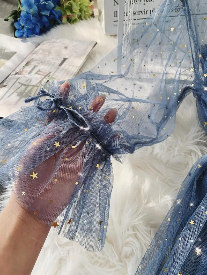 

New women Star sequins gauze flare sleeve high waistline Princess dress female