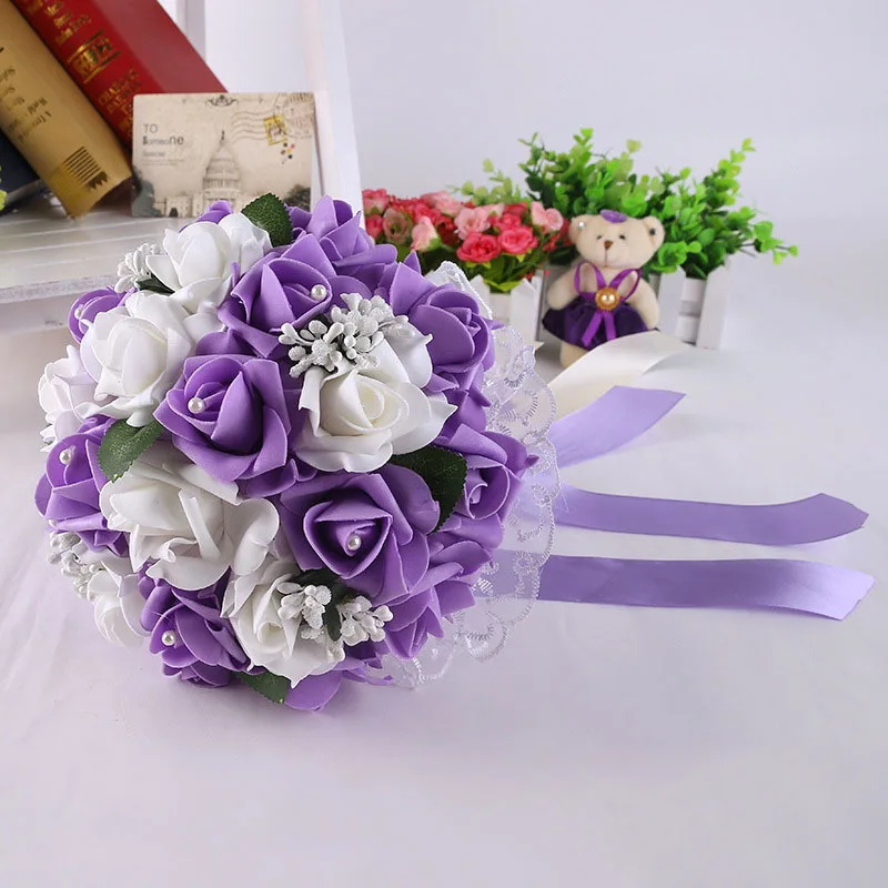 Purple ZUOYITING, Свадебный букет невесты, держащий цветок, PE Роза, для подружки невесты, свадебные поролоновые цветы, роза, свадебный букет, лента, поддельные de noiva - Цвет: Purple