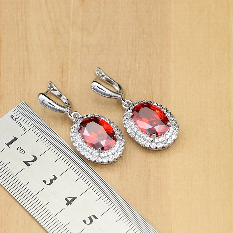 925 Sterling Silver Jewelry Set Red Cubic Zirconia White Crystal For Women Wedding Earrings Ring Bracelet Dubai Necklace | Украшения и