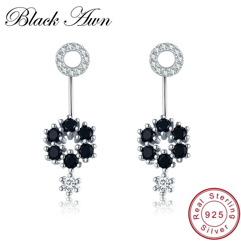 

[BLACK AWN] Fine Jewelry 925 Sterling Silver Earrings Black Spinel Flower Wedding Stud Earrings for Women Female Bijoux I029