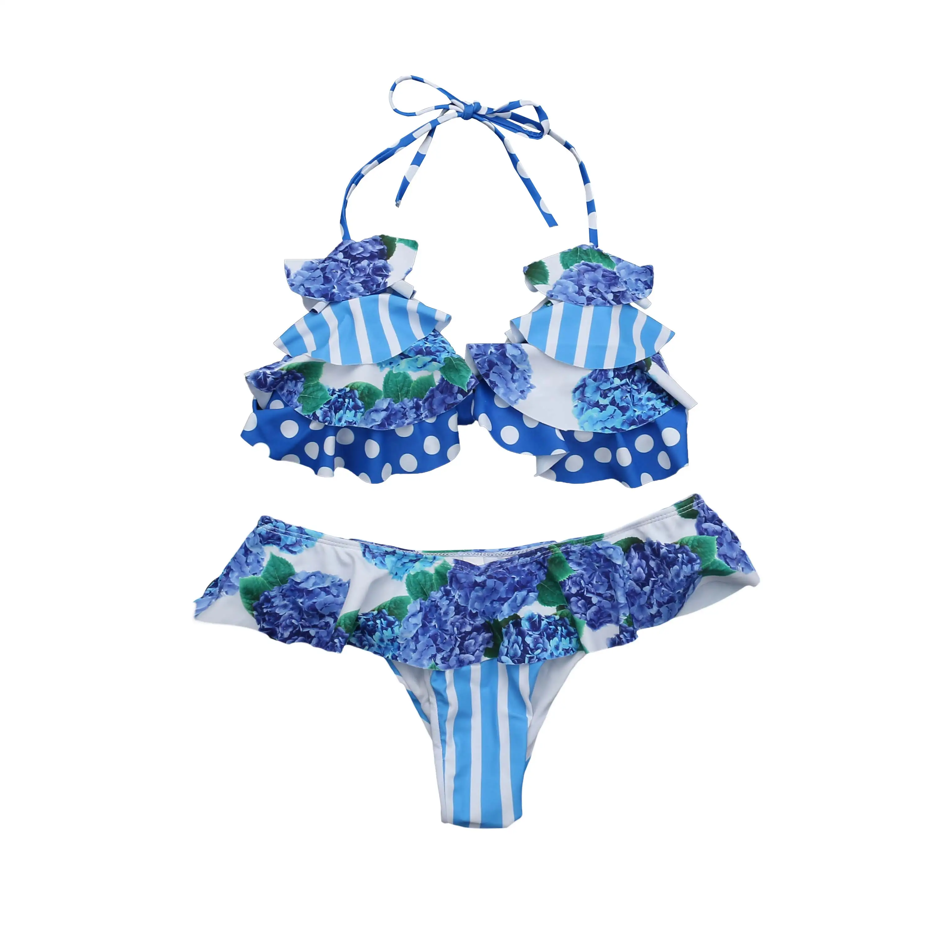 C Deep Blue Flower Hirigin набор бикини с оборками и цветами, женский купальник, новинка, сексуальный бандажный бикини с лямкой через шею, купальник для женщин, купальный костюм с пуш-ап подкладкой - Цвет: C Deep Blue Flower