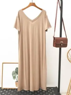 Летнее длинное женское пляжное платье до середины икры Vestidos с v-образным вырезом и коротким рукавом, повседневное домашнее платье из модала - Цвет: Hot Khaki