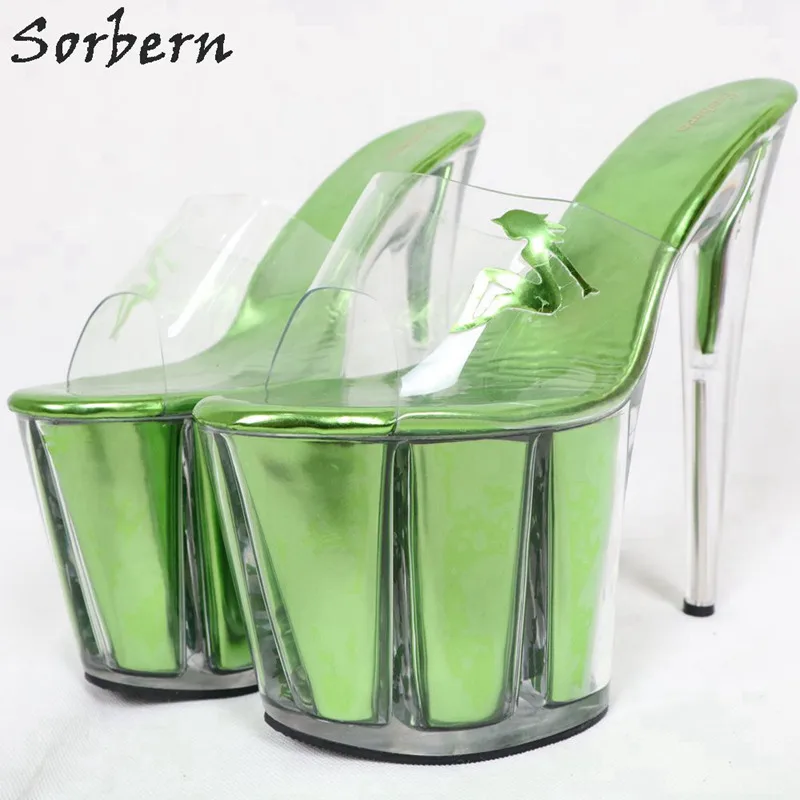 Fresh Green Sorbern/женские шлепанцы без шнуровки женские Ползунки на очень высоком каблуке 20 см с металлическим принтом, 8 дюймов, летния обувь Шлепанцы разных цветов на заказ - Цвет: Fresh Green