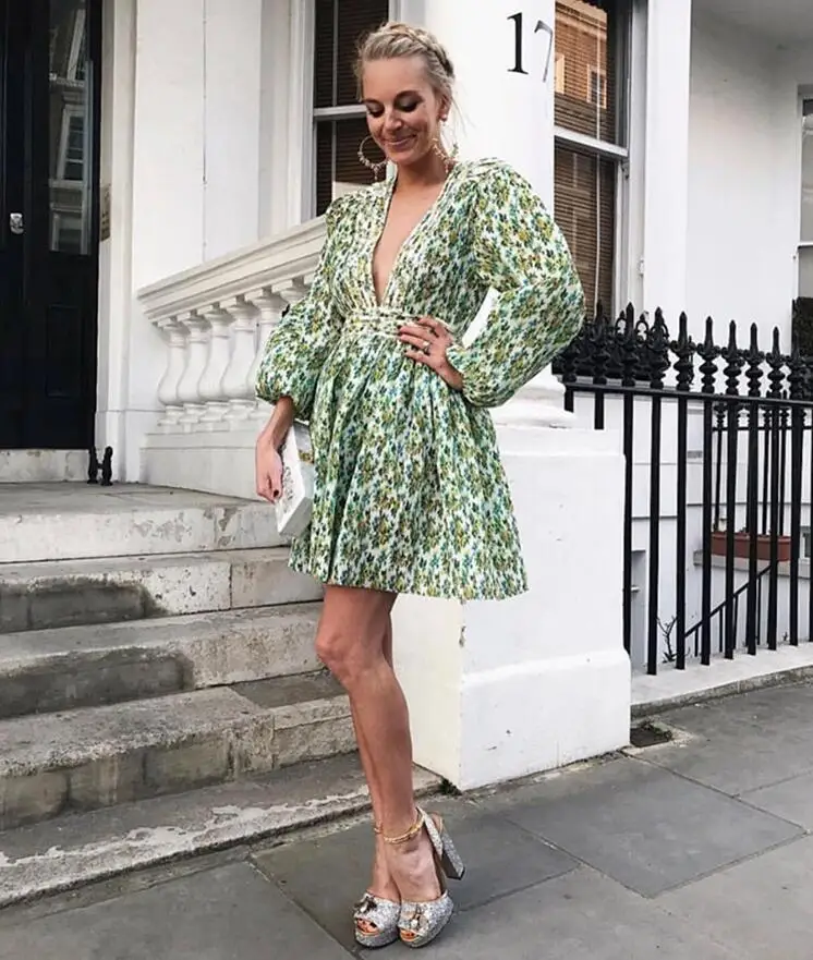 Высокое качество Зеленый с длинным рукавом v образным вырезом платье трапеция