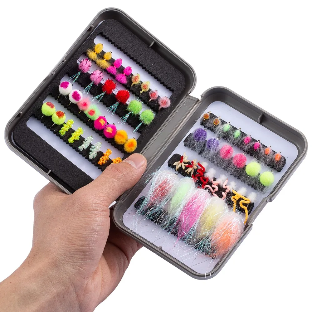 Bassdash форель Steelhead лосось Рыболовные Мухи ассортимент 57 шт. в комплекте сухие влажные мухи Нимфы стримеры яйца, набор для ловли мух