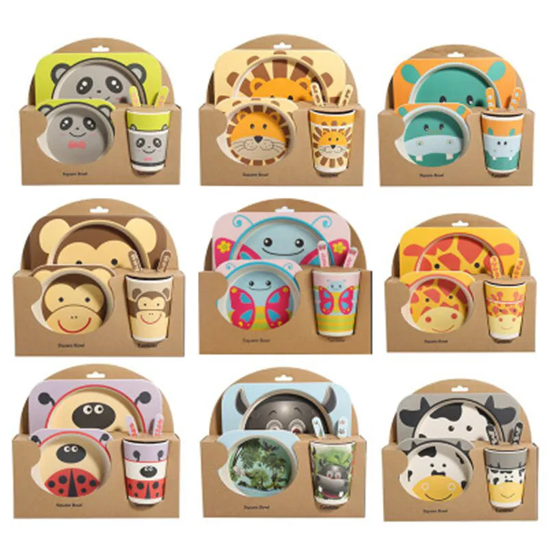 

Natural Bamboo 5pcs/sets Baby Dish Tableware Set Fiber Bowl With Cup Spoon Plate Fork Feeding Dishes for Kids Utensils Set
