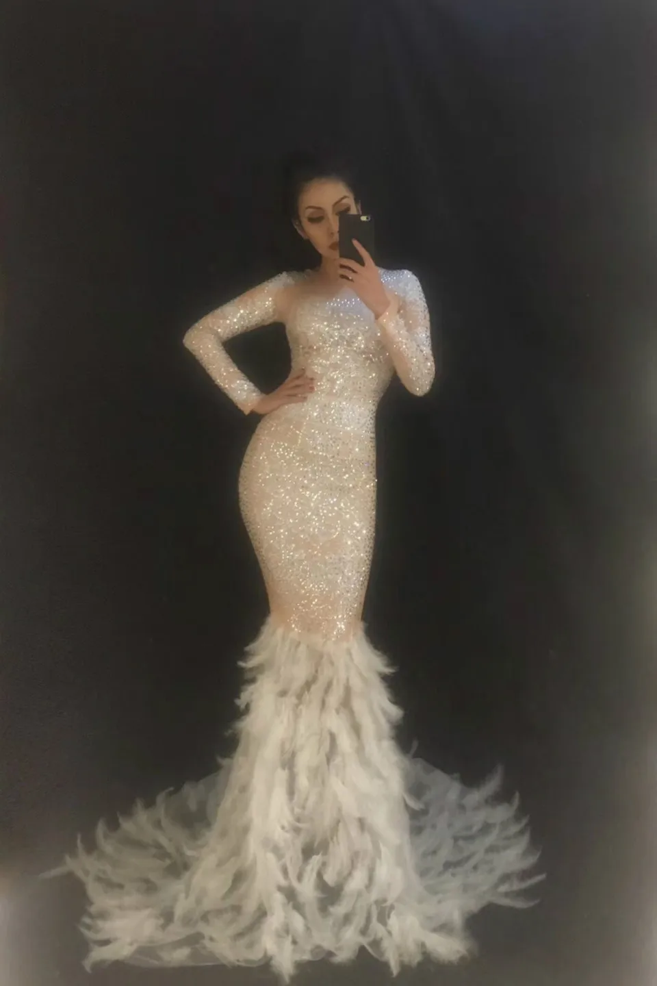 Блестящее длинное платье AB Стразы с перьями блестящее большим кристаллом в пол