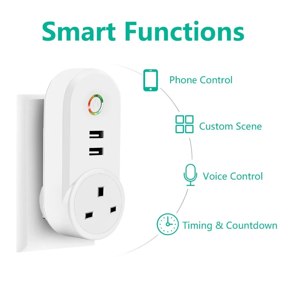 Smart Plug Великобритания розетка с 2 USB зарядное устройство Wi-Fi Управление таймер