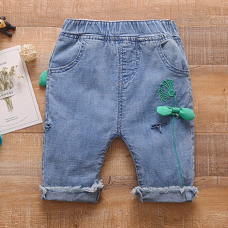 blue Jeans For Girls Flower Embroidery pocket Short Jeans Girls Casual Jeans Teen Denim Clothes pants For Girls - Цвет: blue