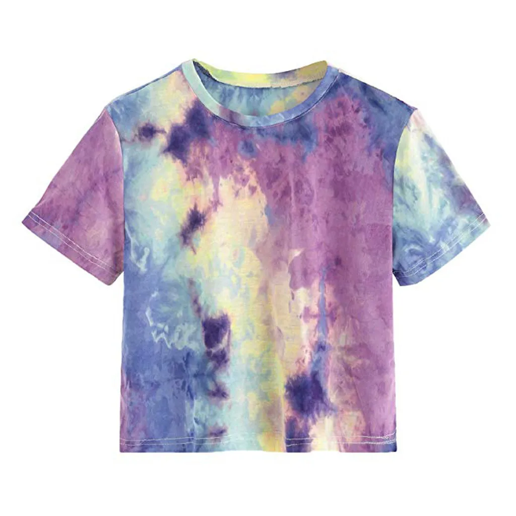 Женские летние топы, футболка с принтом Tie Dye, короткий рукав, топы с круглым вырезом, Повседневная футболка, женская одежда, Футболка harajuku