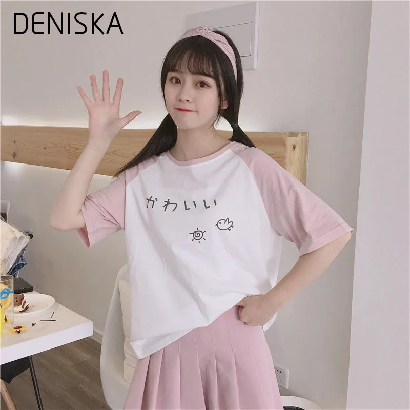 Дениска японский Harajuku милые футболка с буквенным принтом Для женщин 2018 летние