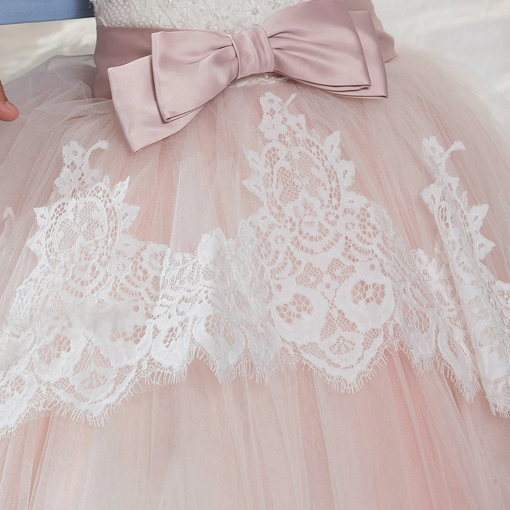 pink long party dresses for girls 2-12 years tulle ball gowns kids with bow lace flower wedding 2018 | Детская одежда и обувь