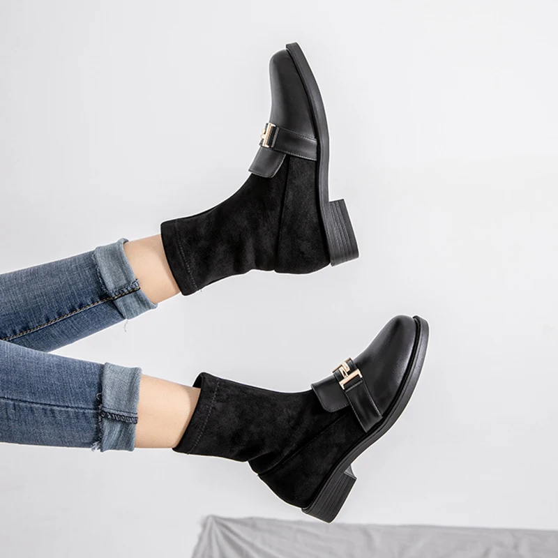 Эластичные флоковые носок Мартин botines Лоскутные кожаные ботильоны botas mujer