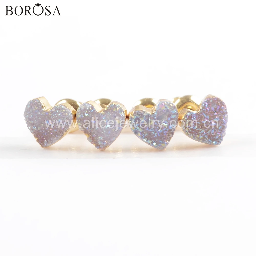 

BOROSA 5/10Pairs Heart Shape Natural Agates Titanium AB Druzy Stud Earring Gold Electroplated Drusy Jewelry as Gifts G1711