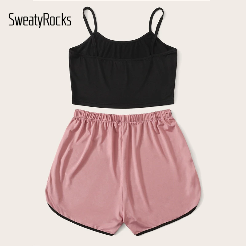 SweatyRocks топ на бретельках с контрастной вязкой шорты пижамный комплект без рукавов женские короткие комплекты Летние повседневные пижамные комплекты