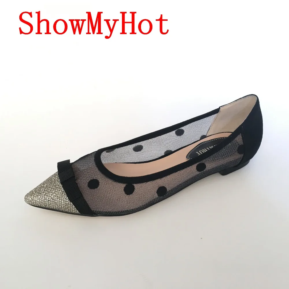ShowMyHot/Модная женская обувь в горошек с кружевом; женская однотонная дышащая обувь на плоской подошве; повседневная обувь черного цвета с острым носком без застежки