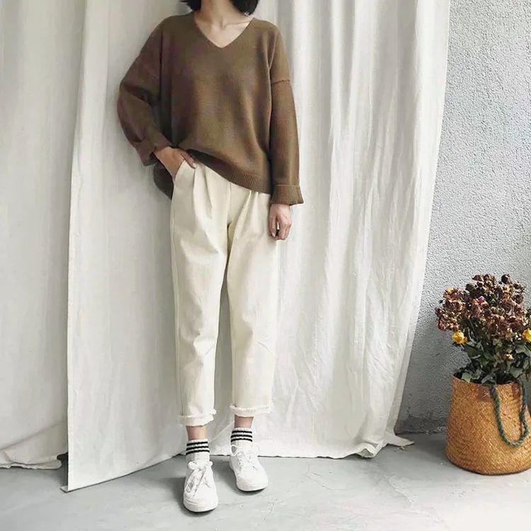 Winter Autumn Loose Pullovers Sweaters Woman Long Sleeve V Neck Solid Soft Warm Thick Bat Sleeved Sweater Oversize