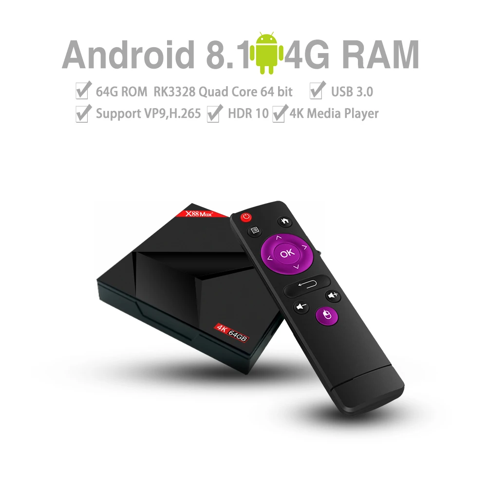 Smart tv box Android 8,1 4 Гб 64 Гб 2,4G/5G Wifi RK3328 Penta-Core BT V4.0 4K HD add type-c USB X88 Max+ Ott плеер PK H96 max