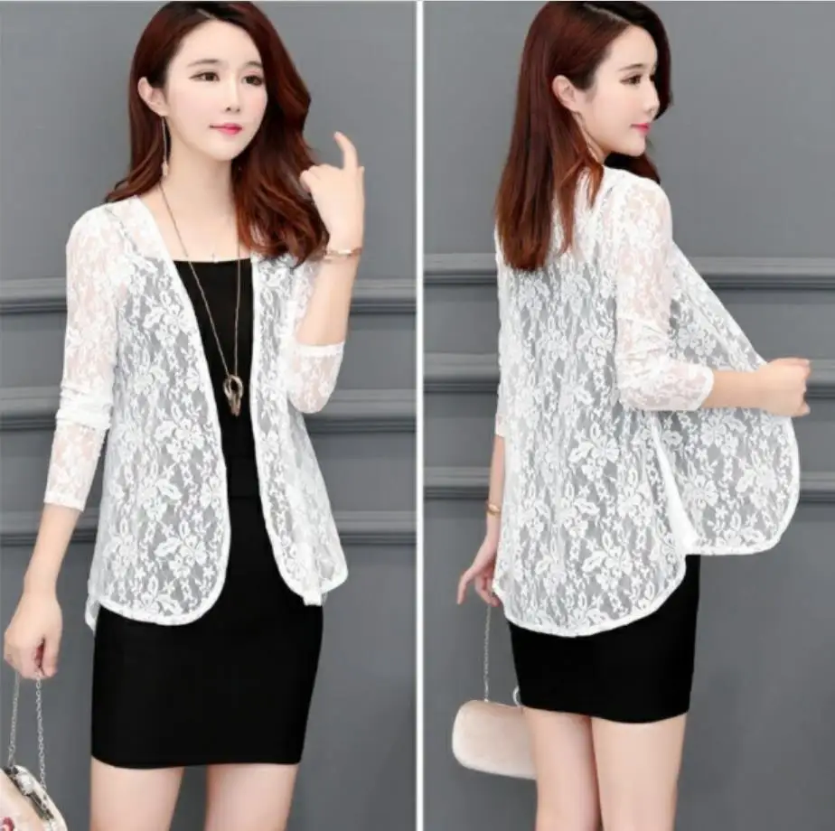 Color as shown Кружевная шаль куртка Летняя короткая блузка для улицы тонкий кардиган длинный рукав Солнцезащитная одежда дикая блузка рубашка - Цвет: Color as shown