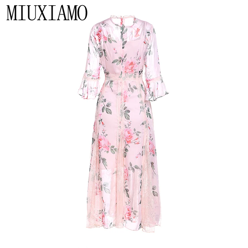 Женское длинное платье с круглым вырезом MIUXIMAO розовое повседневное кружевное