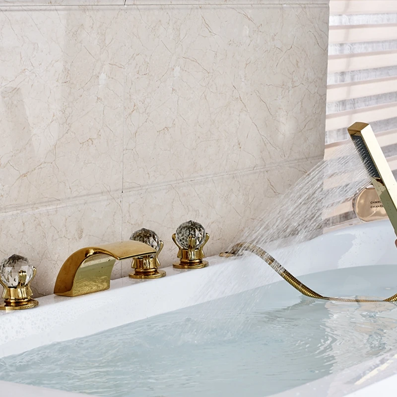 Широкий золотистый латунный Смеситель для ванны с носиком водопада ручным