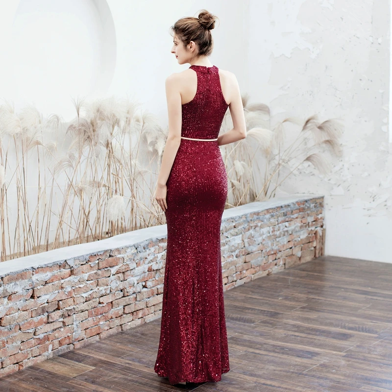 YIDINGZS New Halter Neck Elegant Long Sequins Prom Dress Hollow Out Evening Party Dress YD16229