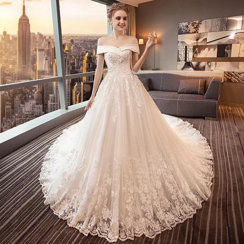 Роскошный Королевский Кружева Вышивка 2021 для женщин Свадебные платья с длинным