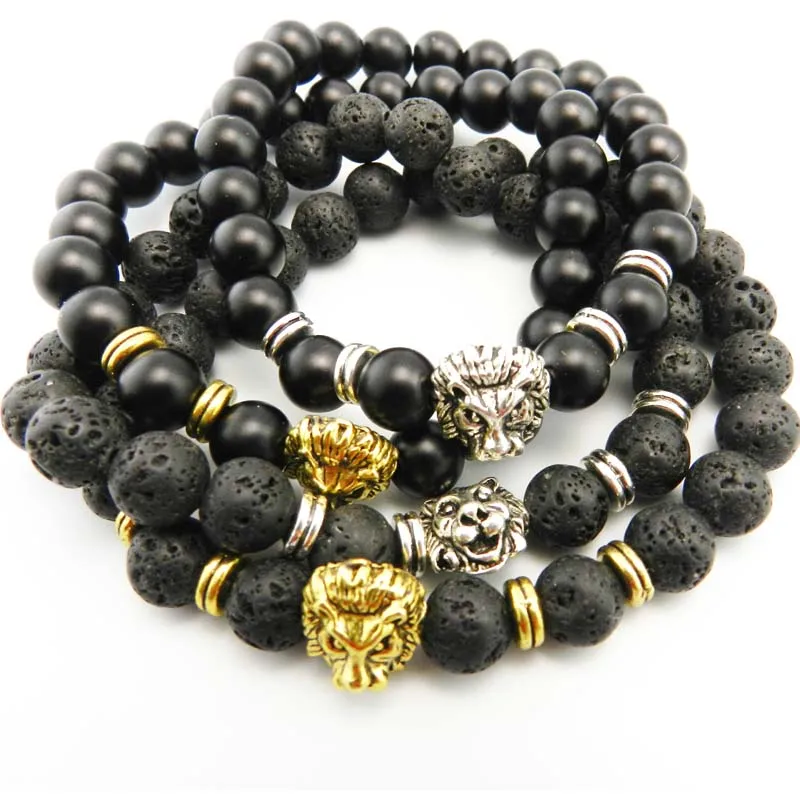 Новый мужской черный матовый натуральный камень и золотая голова льва браслет 8