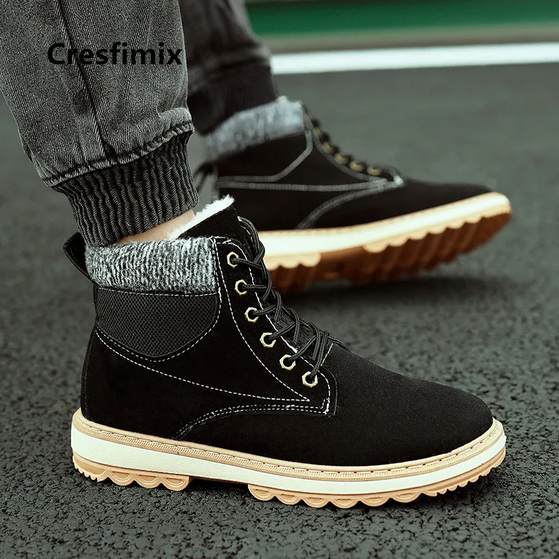 Мужские ботинки Cresfimix модные черные зимние теплые меховые Мужская крутая удобная