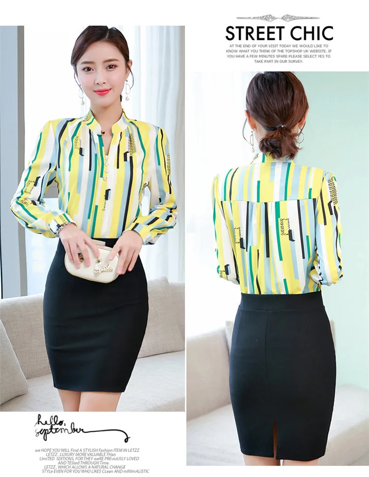 Модные женские блузки с длинным рукавом, v-образный вырез, в полоску, Офисная рубашка, шифоновая блузка, повседневные топы, элегантные, для работы, тонкая блуза Mujer