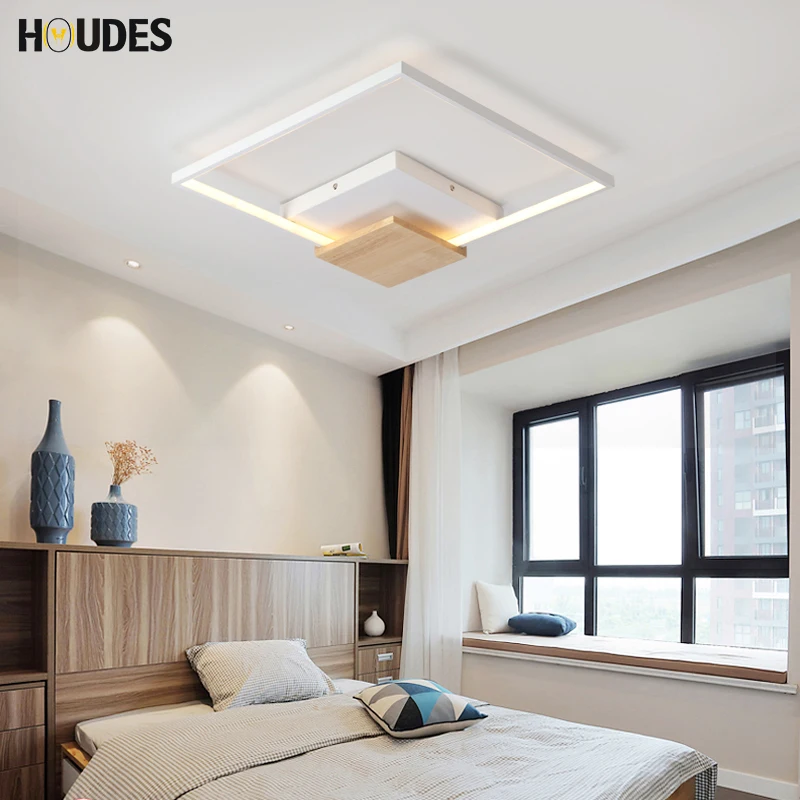 HOUDES Nordic LED Wooden Square Shape Ceiling Lights For Bedroom Living Room Lamps Kitchen Lighting Fixtures | Лампы и освещение