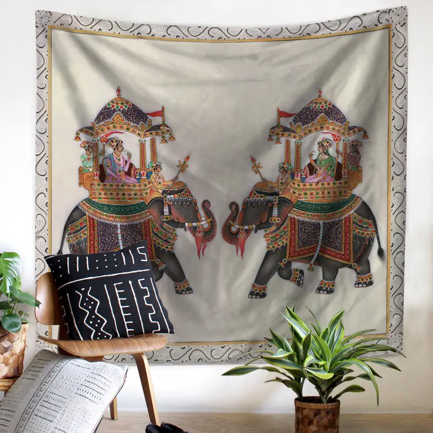 Акварель Boho Стиль Хиппи чешские Индийский Слон Мандала Гобелены настенный