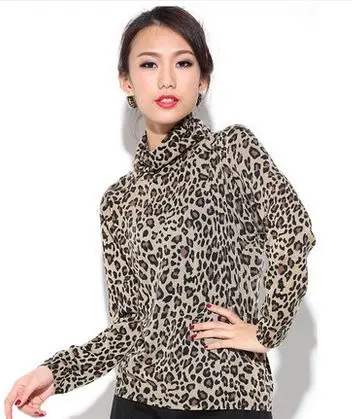 Leopard print turtleneck long-sleeve mulberry silk basic shirt hs-3859b | Женская одежда