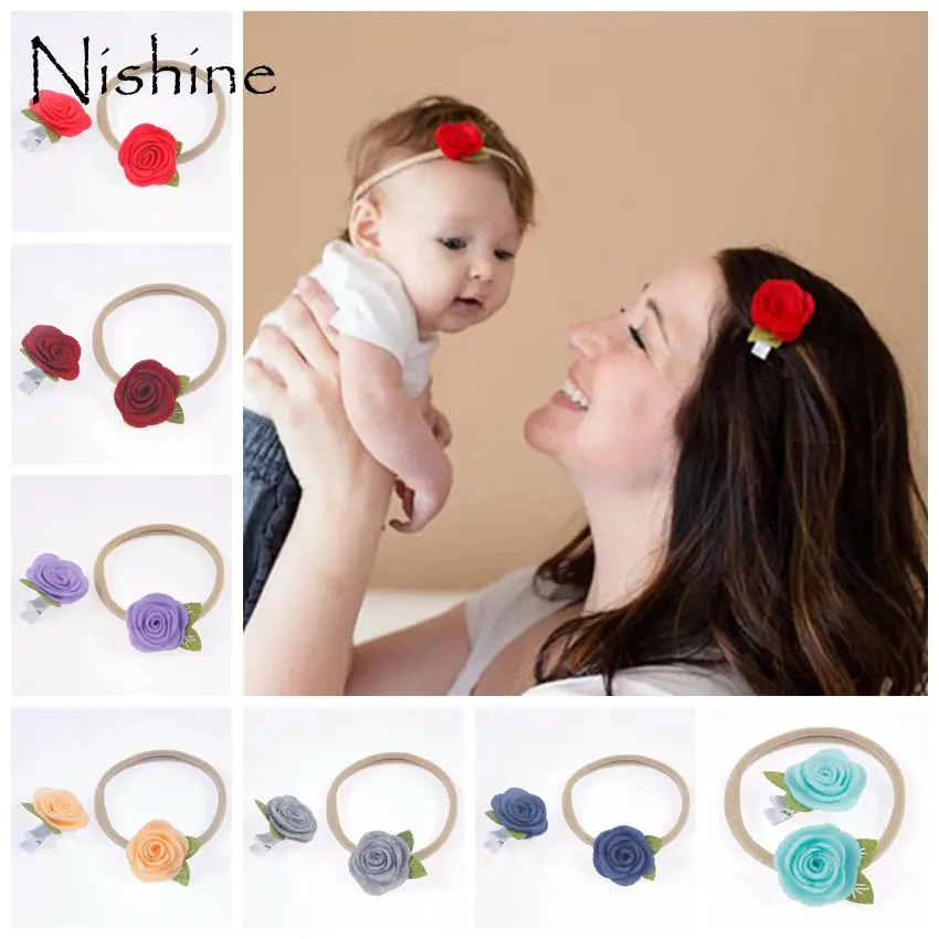 

Модная эластичная нейлоновая повязка на голову NISHINE для детей и мам, аксессуары для волос из нетканого материала с цветком розы, набор фетровых заколок для волос