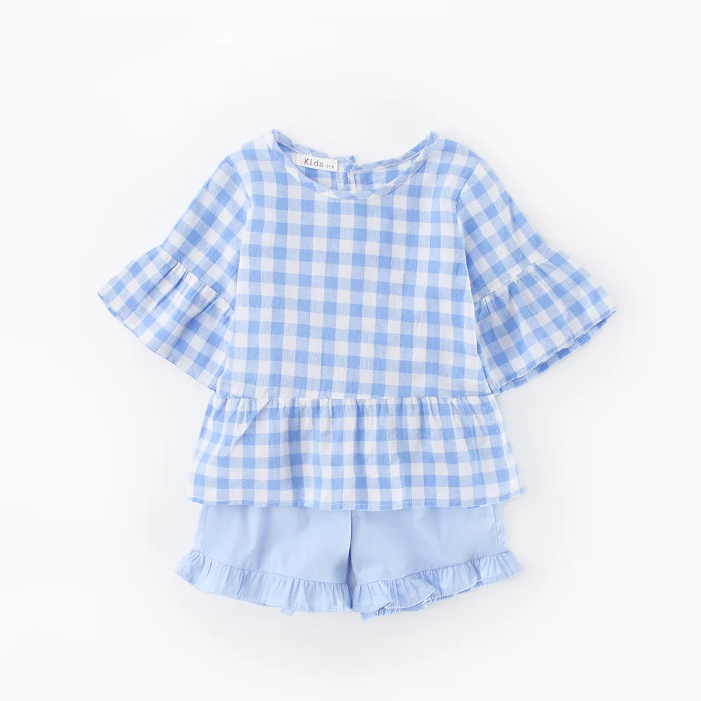 Летние блузки в клетку для девочек + шорты комплект детской хлопковой одежды из 2