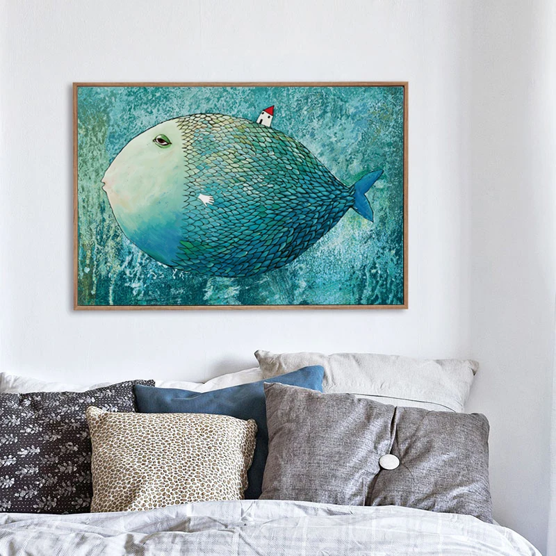 07 г абстрактный большой задник с рыбой маленький домик А4 А3 Картина на холсте