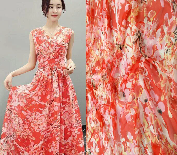 

Pure Natural 100% Mulberry Silk Chiffon Fabric Digital Prints Red Flowers Tissus Au Metre Textile Sew Women Dress Scarf Wide