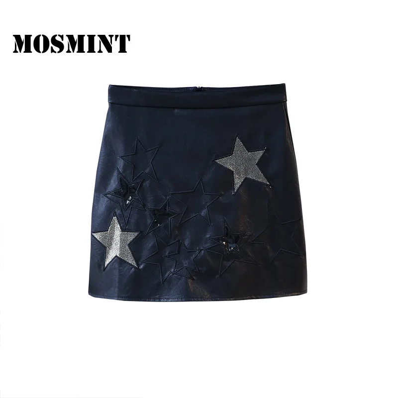 MOSMINT Shiny Stars Embroidery PU Leather Skirt Women 2017 Autumn Retro Vintage High Waist A-line Short Mini with Lining |