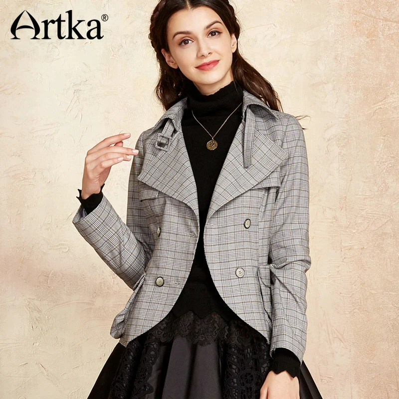ARTKA/2018 осенне-зимнее винтажное короткое пальто в черно-белую клетку с отложным