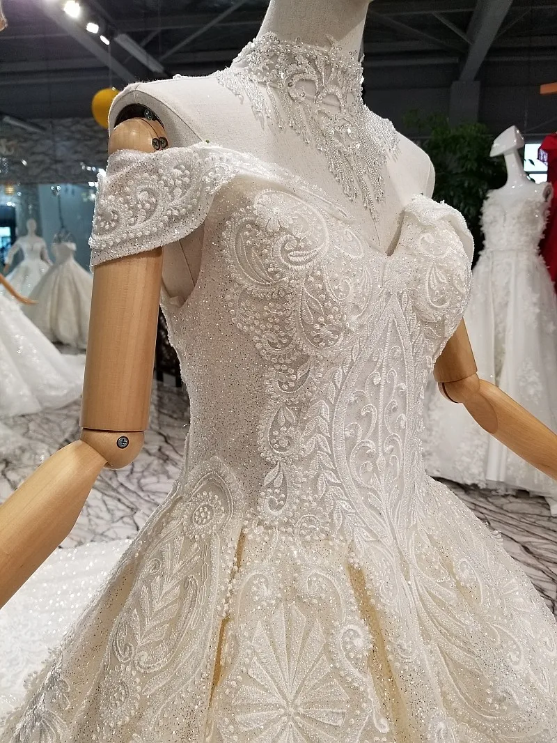 

LS645741 shiny lace bling bling simple wedding dress beaded shoulder chain decorate lace up back chapel train